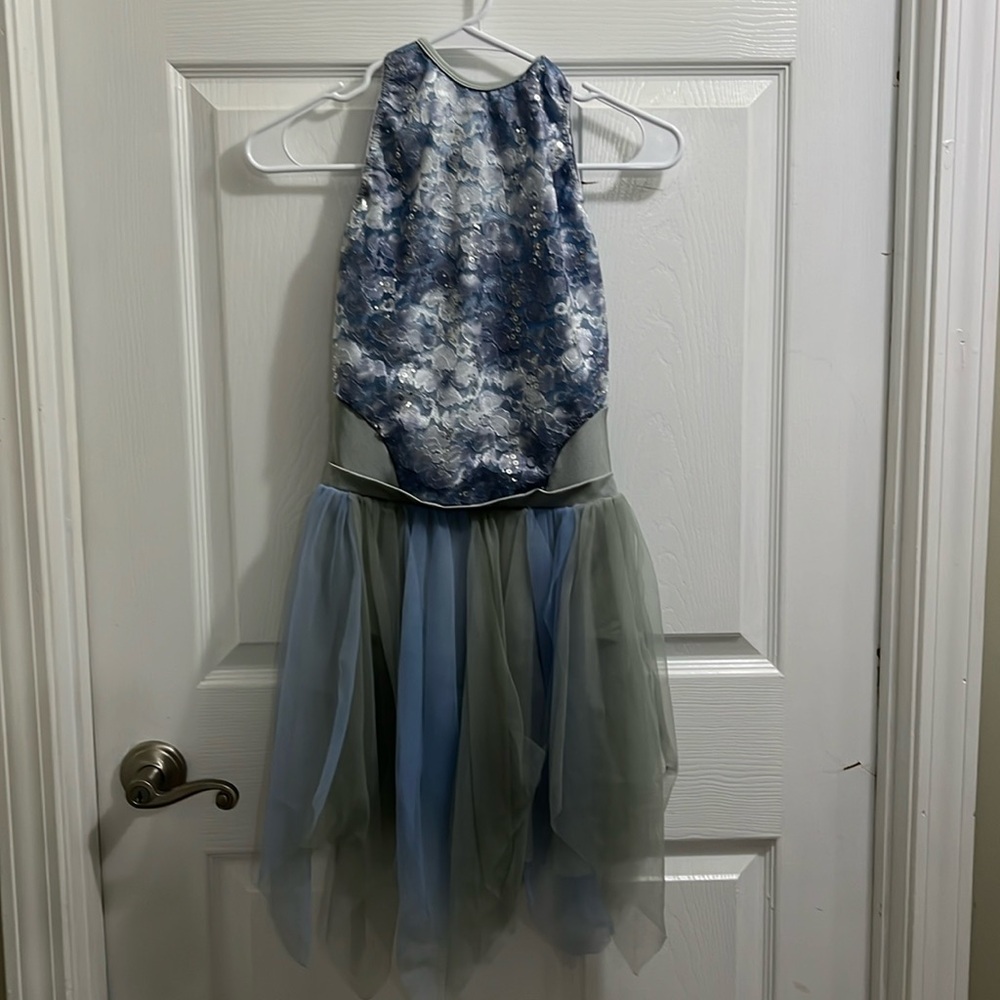 Blue and Gray Floral Dress with Tulle Skirt